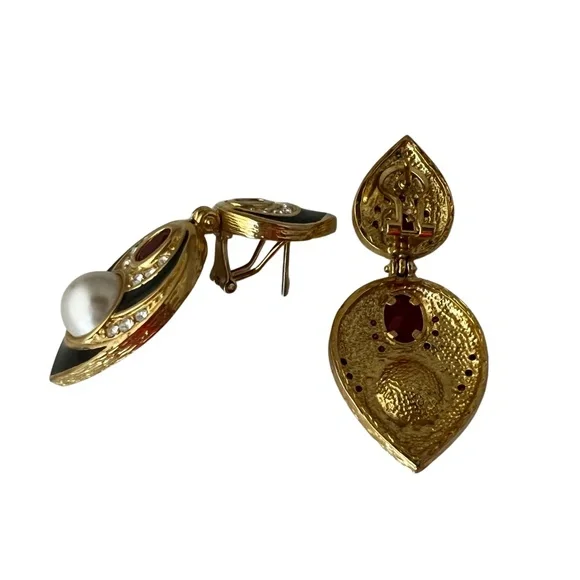 Black Enamel Pearl Gold Bling Earrings for Pierced Ears with Ruby Red Accents - Picture 2 of 4